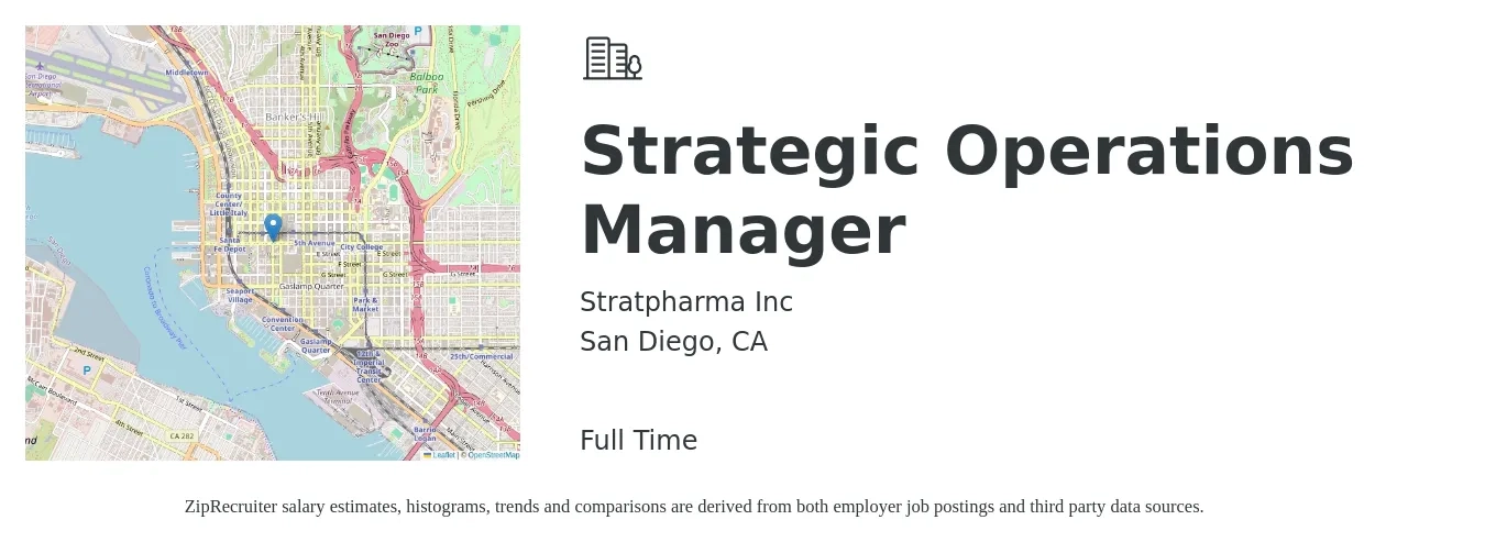 Stratpharma Inc job posting for a Strategic Operations Manager in San Diego, CA with a salary of $44,000 to $83,200 Yearly with a map of San Diego location.
