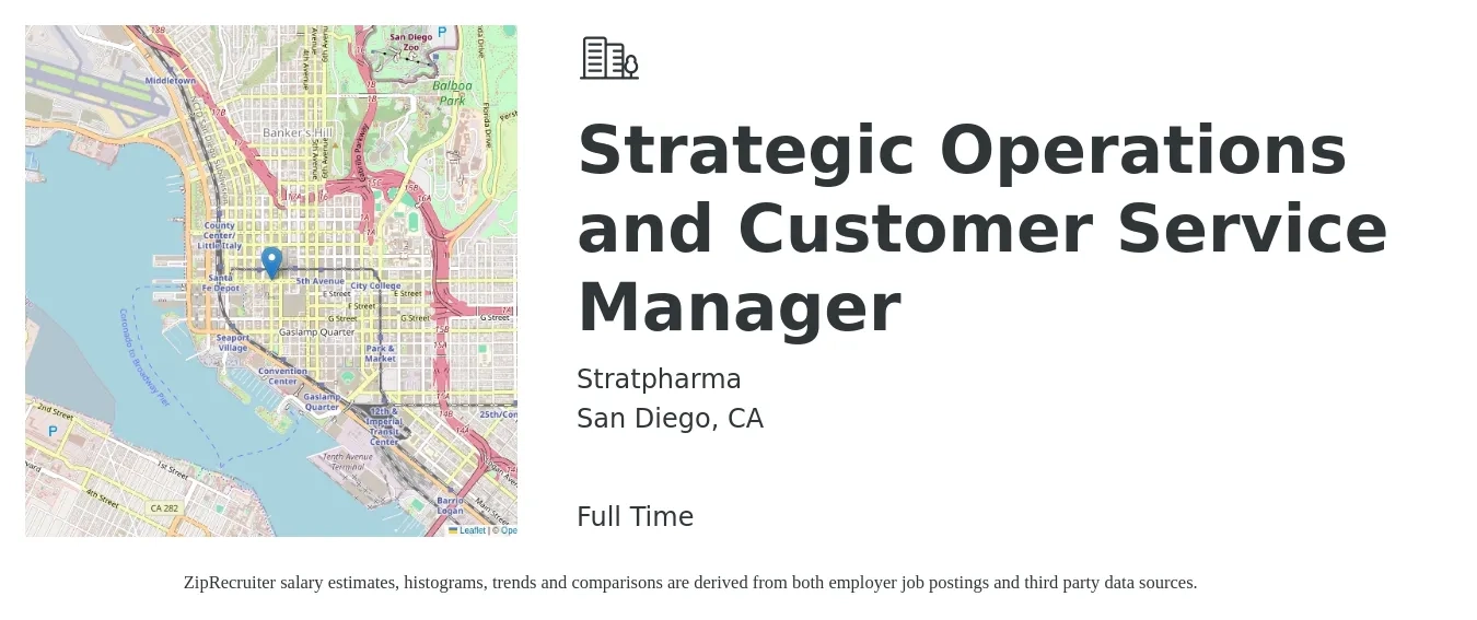 Stratpharma job posting for a Strategic Operations and Customer Service Manager in San Diego, CA with a salary of $142,300 Yearly with a map of San Diego location.