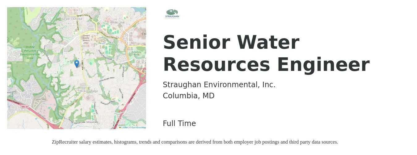 Straughan Environmental Inc job posting for a Senior Water Resources Engineer in Columbia, MD with a salary of $94,000 to $134,900 Yearly with a map of Columbia location.