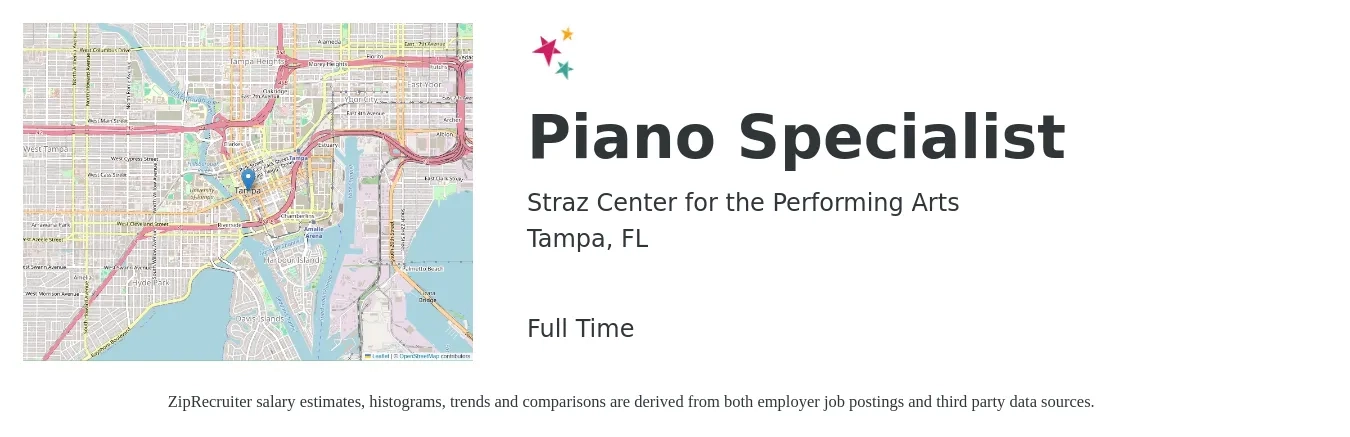 Straz Center for the Performing Arts job posting for a Piano Specialist in Tampa, FL with a salary of $23 to $33 Hourly with a map of Tampa location.