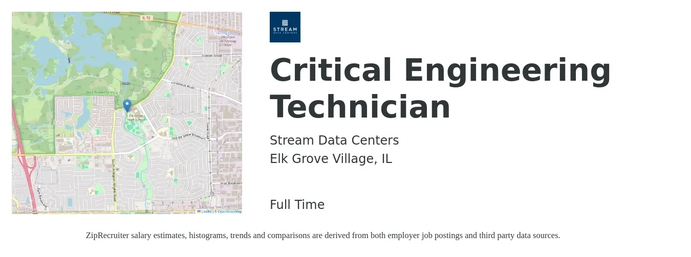 Stream Data Centers job posting for a Critical Engineering Technician in Elk Grove Village, IL with a salary of $46,400 to $71,000 Yearly with a map of Elk Grove Village location.