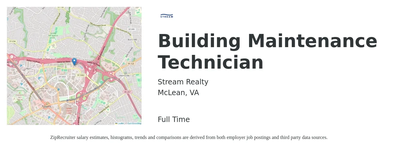 Stream Realty job posting for a Building Maintenance Technician in McLean, VA with a salary of $19 to $26 Hourly with a map of McLean location.