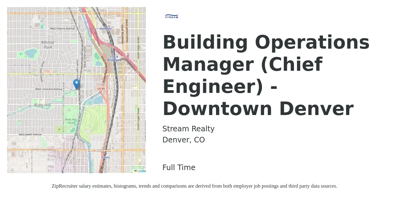 Stream Realty job posting for a Building Operations Manager (Chief Engineer) - Downtown Denver in Denver, CO with a salary of $27 to $39 Hourly with a map of Denver location.