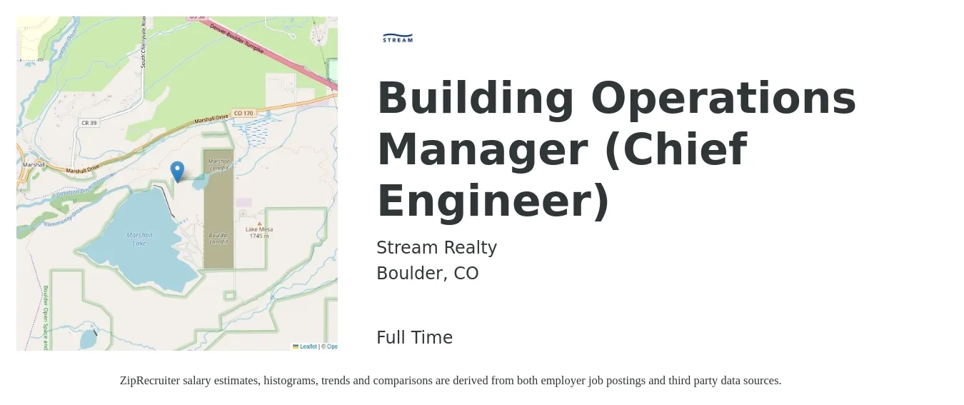 Stream Realty job posting for a Building Operations Manager (Chief Engineer) in Boulder, CO with a salary of $28 to $40 Hourly with a map of Boulder location.