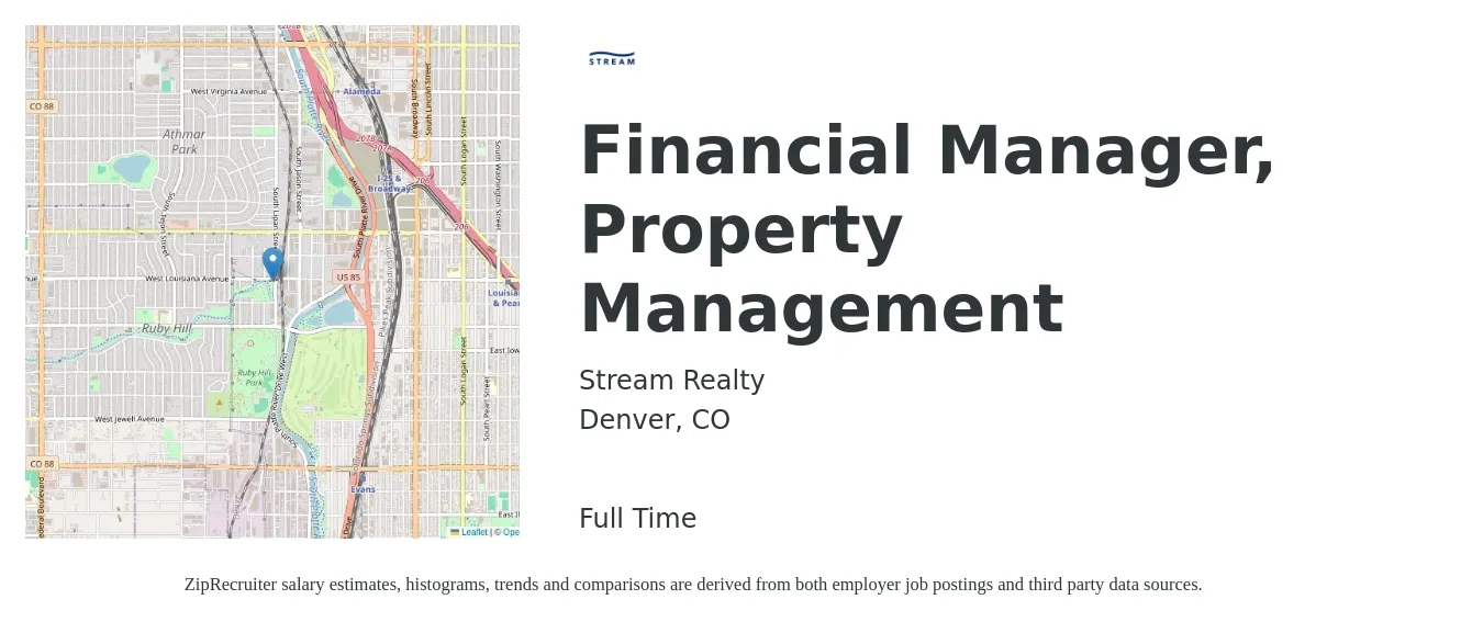 Stream Realty job posting for a Financial Manager, Property Management in Denver, CO with a salary of $45,300 to $70,000 Yearly with a map of Denver location.