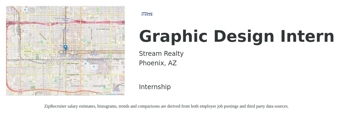 Stream Realty job posting for a Graphic Design Intern in Phoenix, AZ with a salary of $15 to $20 Hourly with a map of Phoenix location.