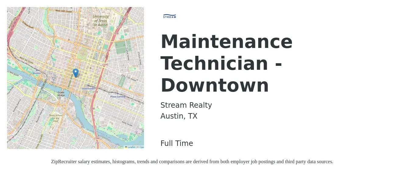 Stream Realty job posting for a Maintenance Technician - Downtown in Austin, TX with a salary of $19 to $26 Hourly with a map of Austin location.