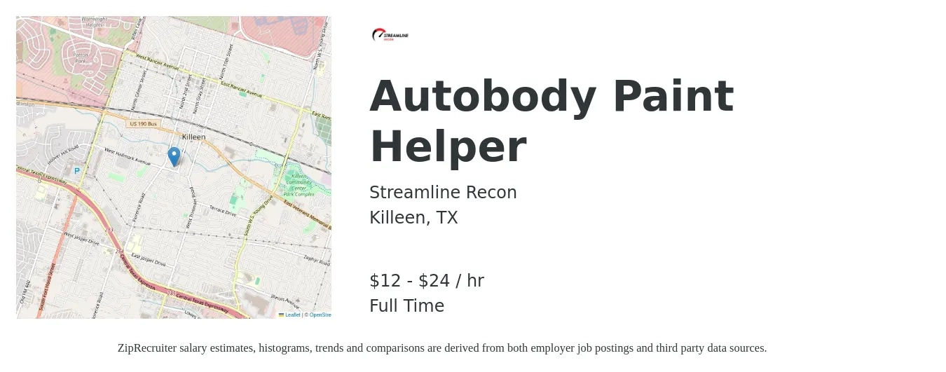 Streamline Recon job posting for a Autobody Paint Helper in Killeen, TX with a salary of $13 to $25 Hourly with a map of Killeen location.