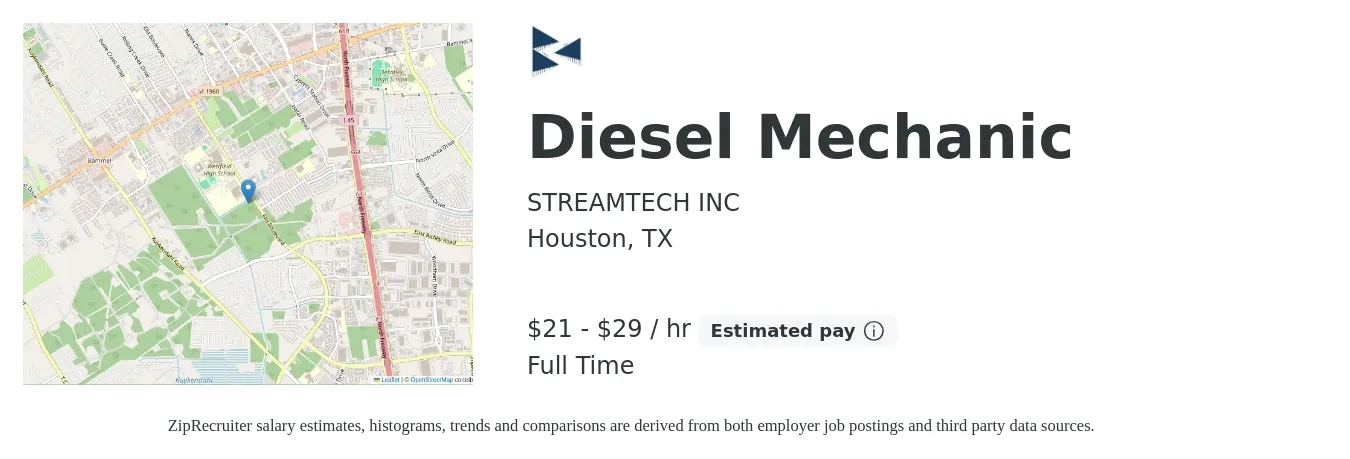 STREAMTECH INC job posting for a Diesel Mechanic in Houston, TX with a salary of $22 to $31 Hourly with a map of Houston location.