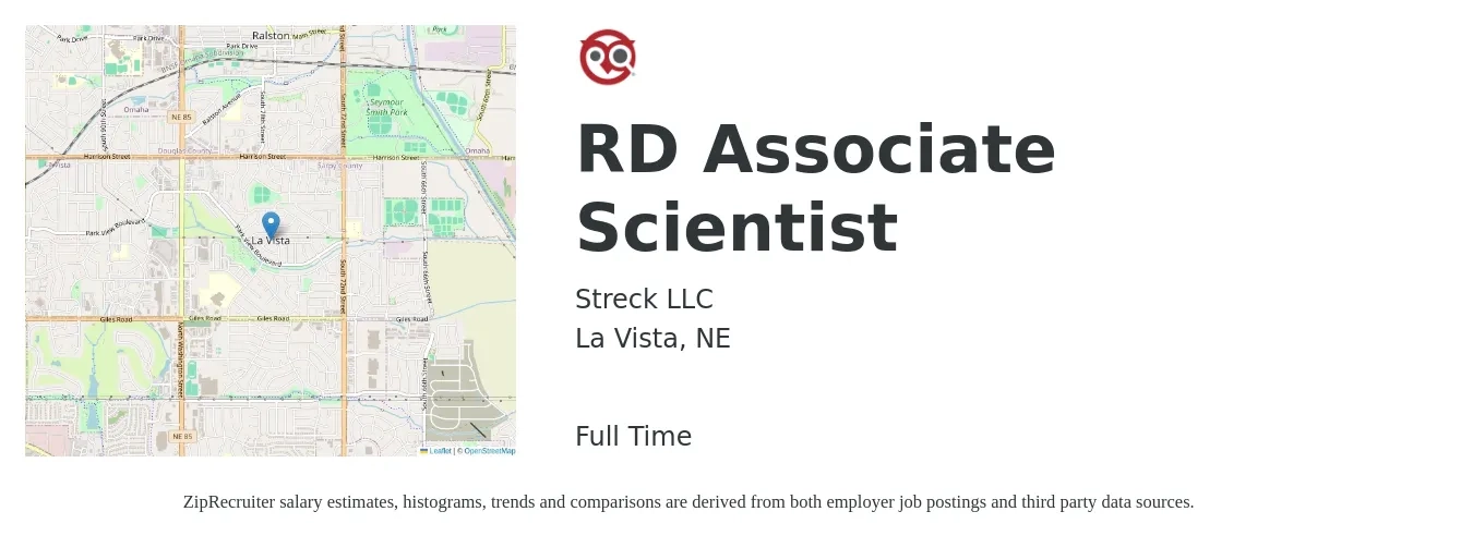 Streck LLC job posting for a RD Associate Scientist in La Vista, NE with a salary of $27 to $40 Hourly with a map of La Vista location.