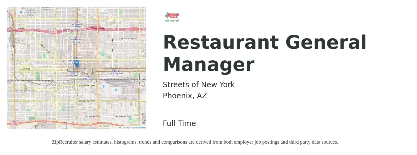 Streets of New York job posting for a Restaurant General Manager in Phoenix, AZ with a salary of $60,000 Yearly with a map of Phoenix location.
