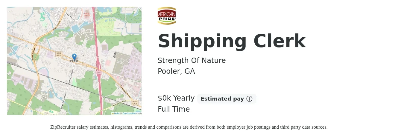 Strength Of Nature job posting for a Shipping Clerk in Pooler, GA with a salary of $16 to $18 Yearly with a map of Pooler location.