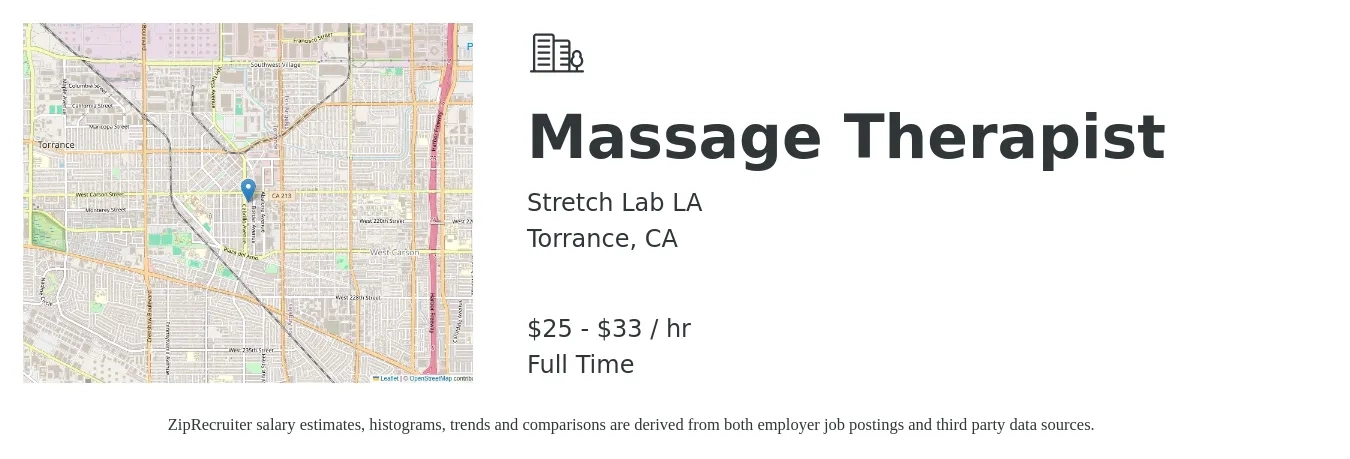 Stretch Lab LA job posting for a Massage Therapist in Torrance, CA with a salary of $26 to $35 Hourly with a map of Torrance location.