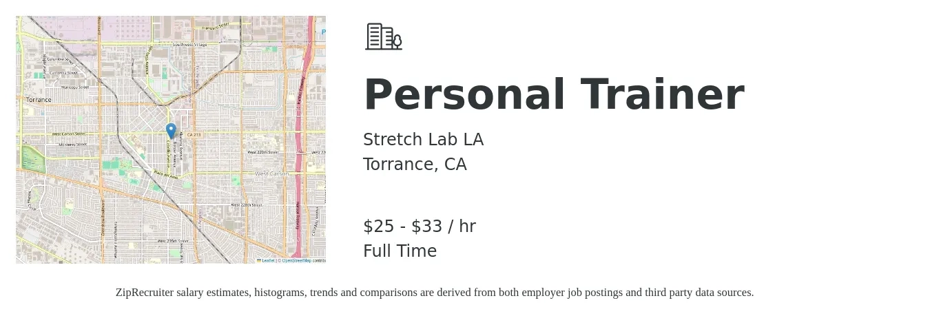 Stretch Lab LA job posting for a Personal Trainer in Torrance, CA with a salary of $26 to $35 Hourly with a map of Torrance location.