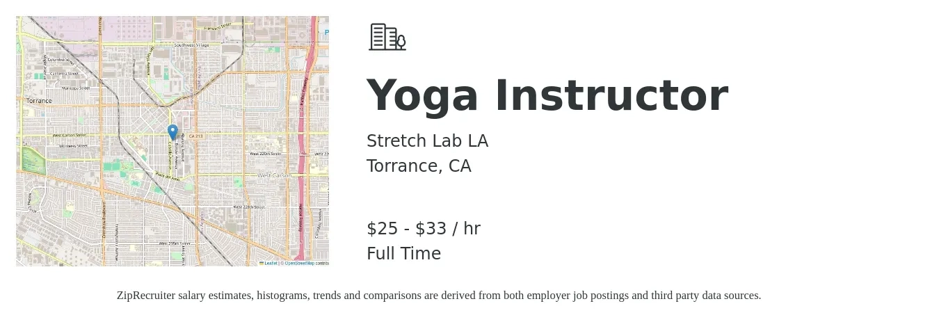 Stretch Lab LA job posting for a Yoga Instructor in Torrance, CA with a salary of $26 to $35 Hourly with a map of Torrance location.