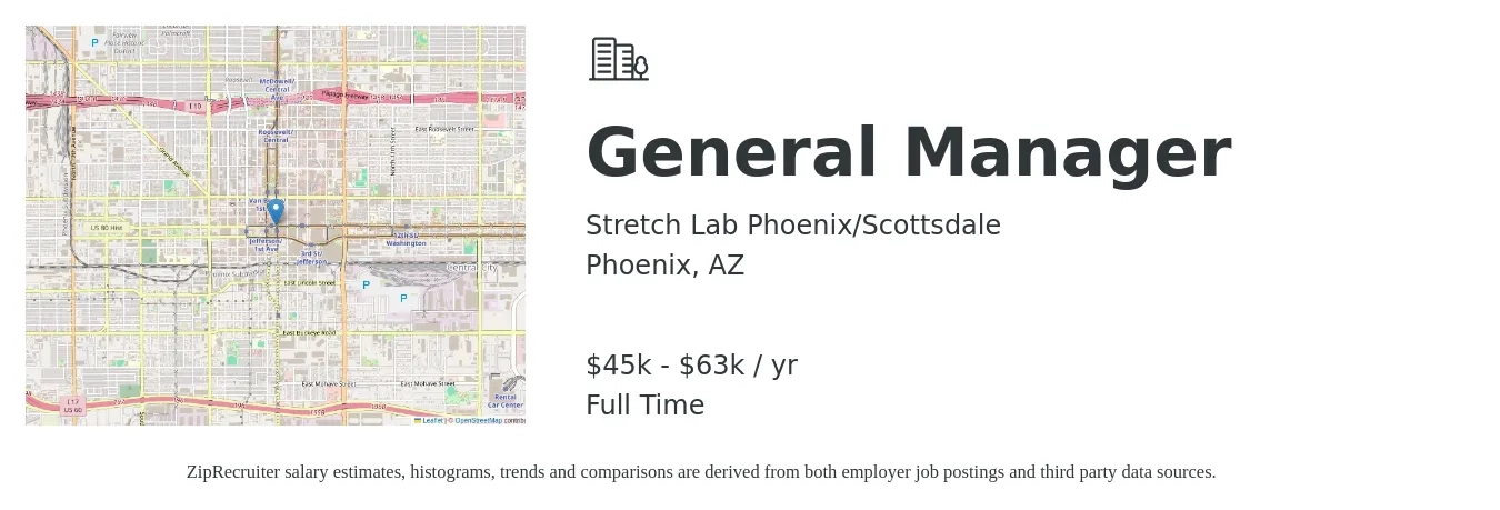 Stretch Lab Phoenix/Scottsdale job posting for a General Manager in Phoenix, AZ with a salary of $45,000 to $63,000 Yearly with a map of Phoenix location.