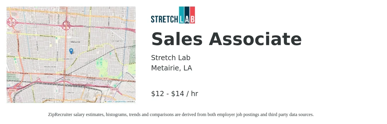 Stretch Lab job posting for a Sales Associate in Metairie, LA with a salary of $13 to $15 Hourly with a map of Metairie location.