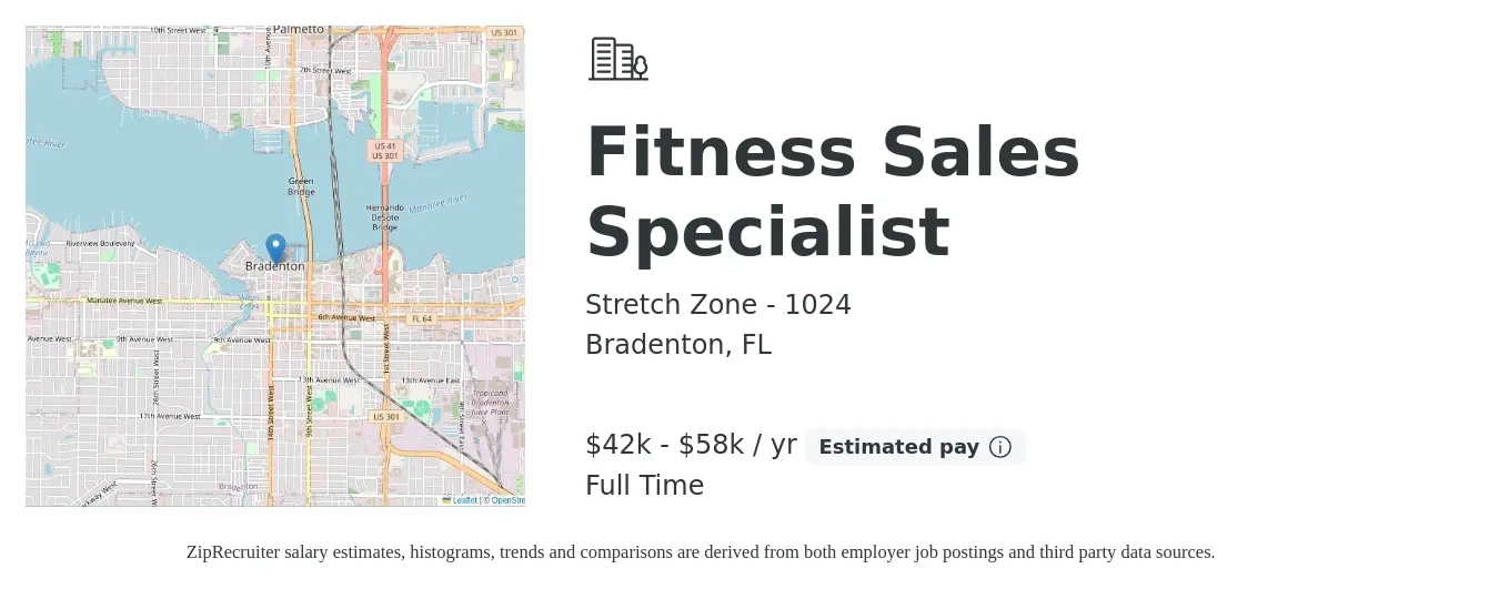 Stretch Zone - 1024 job posting for a Fitness Sales Specialist in Bradenton, FL with a salary of $42,000 to $58,000 Yearly with a map of Bradenton location.