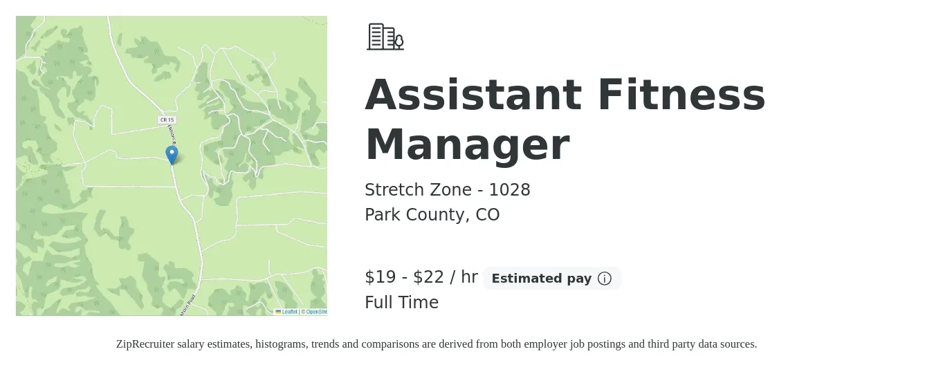 Stretch Zone - 1028 job posting for a Assistant Fitness Manager in Park County, CO with a salary of $20 to $23 Hourly with a map of Park County location.