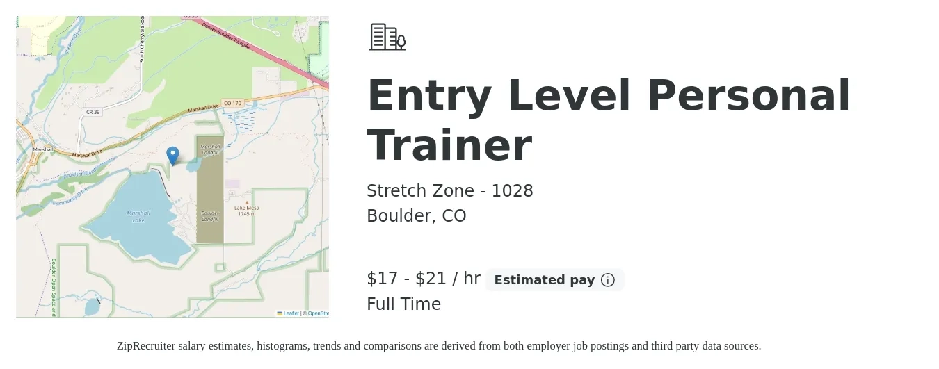 Stretch Zone - 1028 job posting for a Entry Level Personal Trainer in Boulder, CO with a salary of $18 to $22 Hourly with a map of Boulder location.