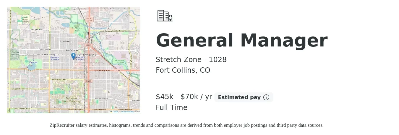 Stretch Zone - 1028 job posting for a General Manager in Fort Collins, CO with a salary of $45,000 to $70,000 Yearly with a map of Fort Collins location.