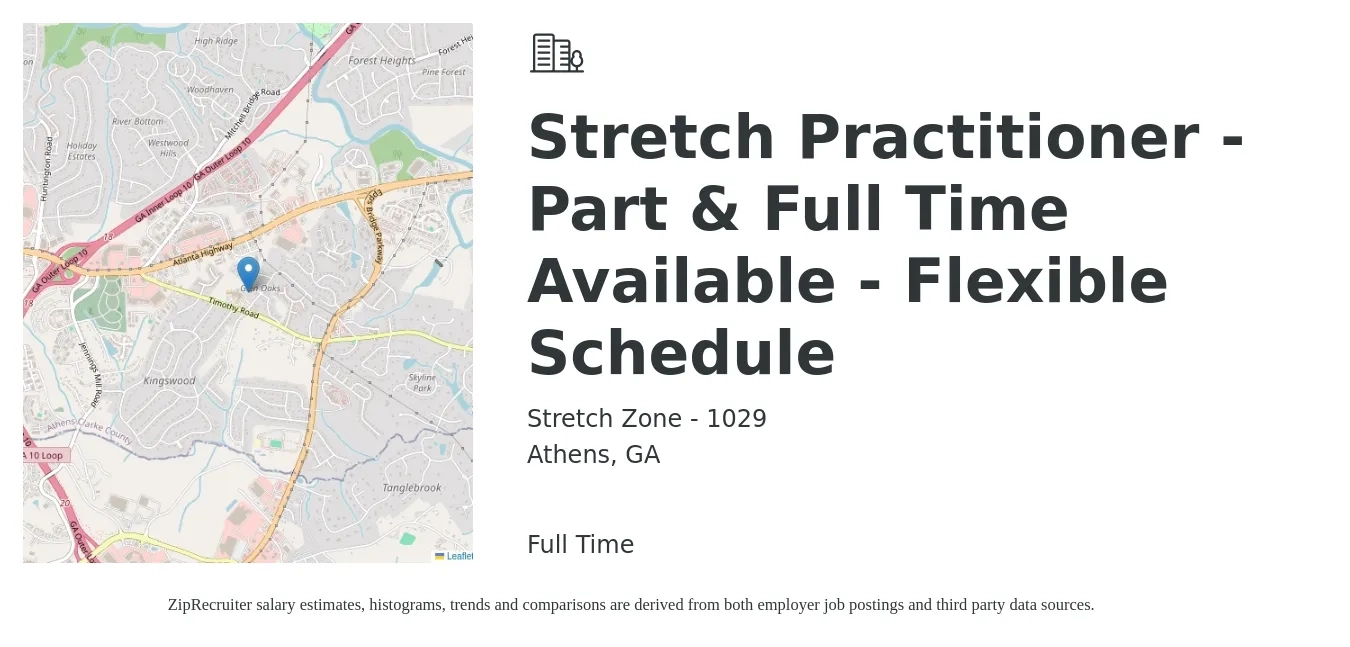 Stretch Zone - 1029 job posting for a Stretch Practitioner - Part & Full Time Available - Flexible Schedule in Athens, GA with a salary of $20 to $25 Hourly with a map of Athens location.