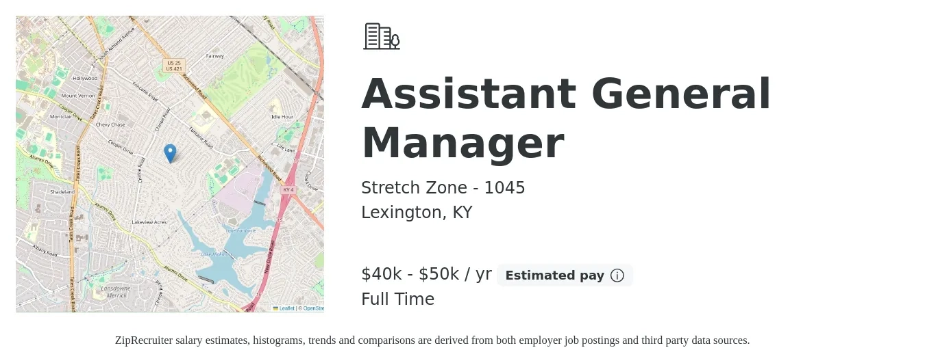 Stretch Zone - 1045 job posting for a Assistant General Manager in Lexington, KY with a salary of $40,000 to $50,000 Yearly with a map of Lexington location.