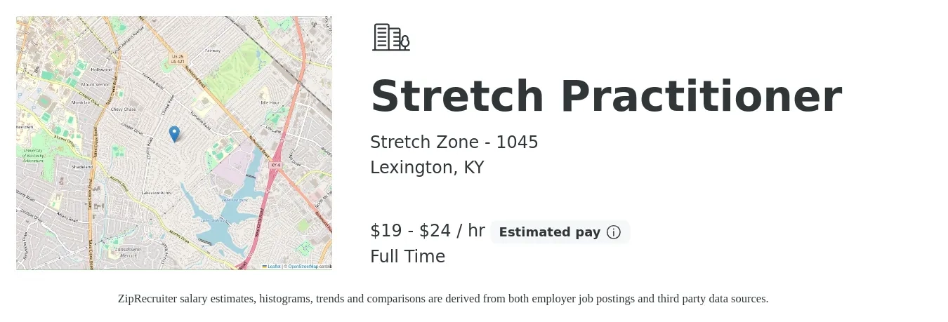 Stretch Zone - 1045 job posting for a Stretch Practitioner in Lexington, KY with a salary of $20 to $25 Hourly with a map of Lexington location.