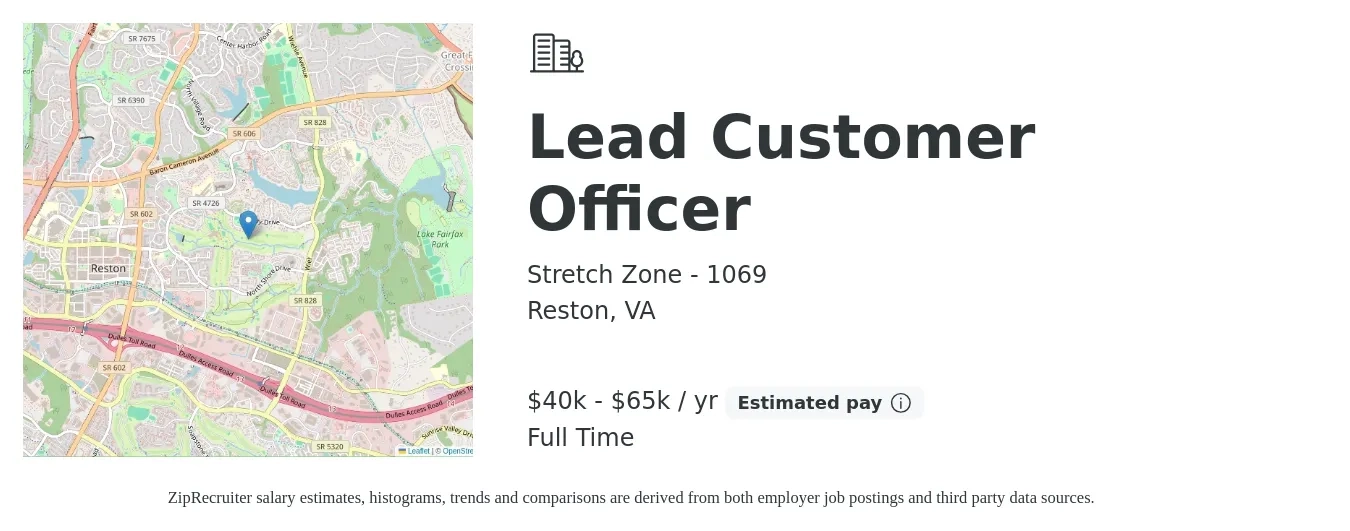Stretch Zone - 1069 job posting for a Lead Customer Officer in Reston, VA with a salary of $40,000 to $65,000 Yearly with a map of Reston location.