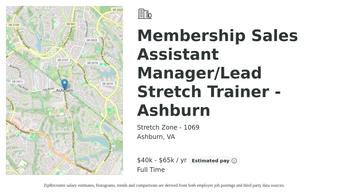 Stretch Zone - 1069 job posting for a Membership Sales Assistant Manager/Lead Stretch Trainer - Ashburn in Ashburn, VA with a salary of $40,000 to $65,000 Yearly with a map of Ashburn location.