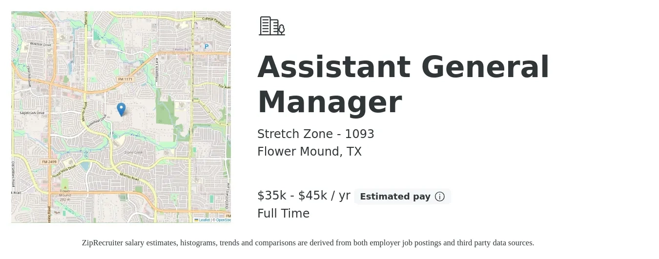 Stretch Zone - 1093 job posting for a Assistant General Manager in Flower Mound, TX with a salary of $35,000 to $45,000 Yearly with a map of Flower Mound location.