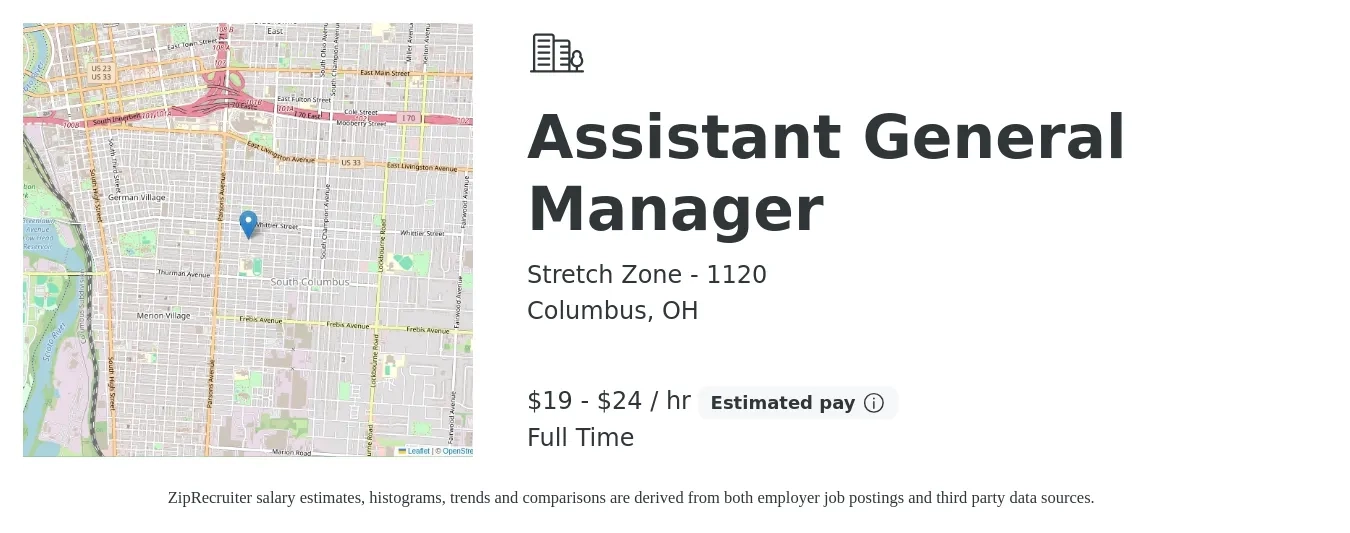 Stretch Zone - 1120 job posting for a Assistant General Manager in Columbus, OH with a salary of $20 to $25 Hourly with a map of Columbus location.