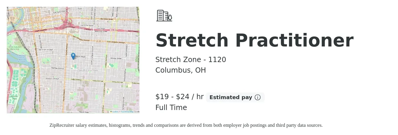 Stretch Zone - 1120 job posting for a Stretch Practitioner in Columbus, OH with a salary of $20 to $25 Hourly with a map of Columbus location.