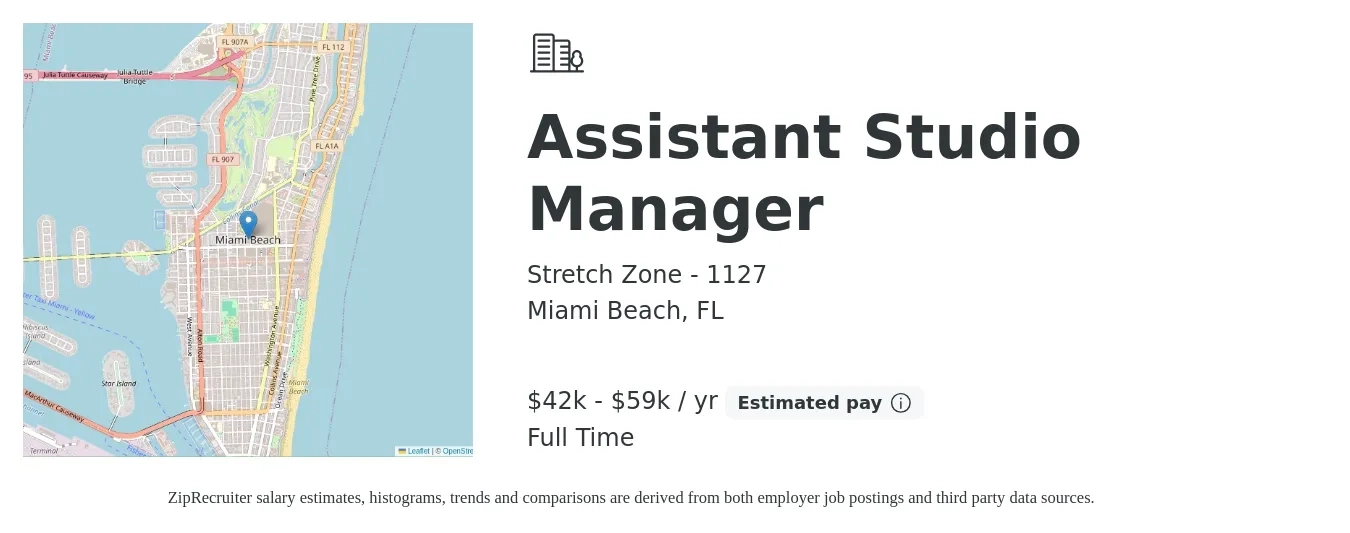 Stretch Zone - 1127 job posting for a Assistant Studio Manager in Miami Beach, FL with a salary of $42,000 to $59,500 Yearly with a map of Miami Beach location.
