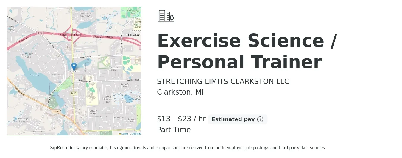 STRETCHING LIMITS CLARKSTON LLC job posting for a Exercise Science / Personal Trainer in Clarkston, MI with a salary of $14 to $24 Hourly with a map of Clarkston location.