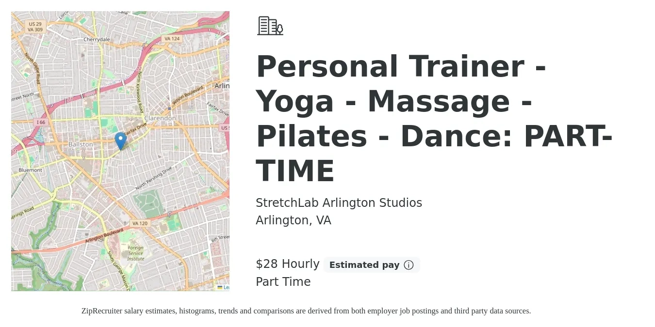 StretchLab Arlington Studios job posting for a Personal Trainer - Yoga - Massage - Pilates - Dance: PART-TIME in Arlington, VA with a salary of $30 Hourly with a map of Arlington location.