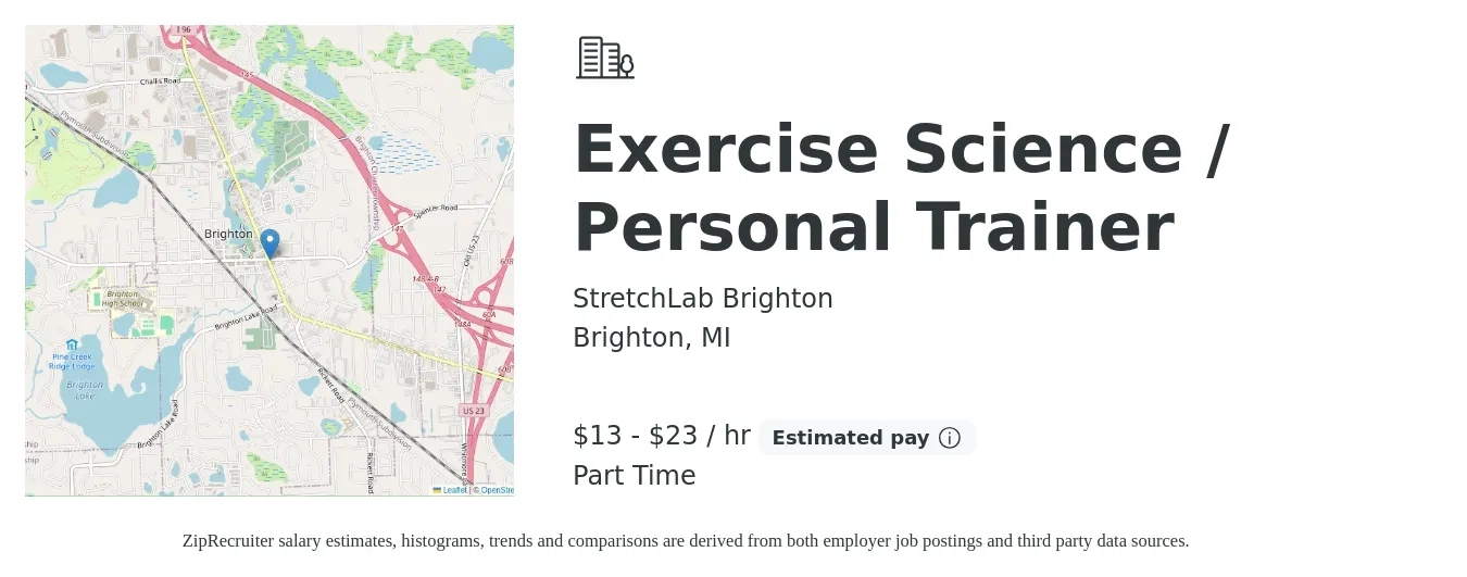 StretchLab Brighton job posting for a Exercise Science / Personal Trainer in Brighton, MI with a salary of $14 to $24 Hourly with a map of Brighton location.
