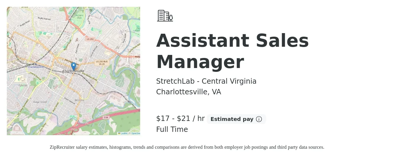 StretchLab - Central Virginia job posting for a Assistant Sales Manager in Charlottesville, VA with a salary of $18 to $22 Hourly with a map of Charlottesville location.