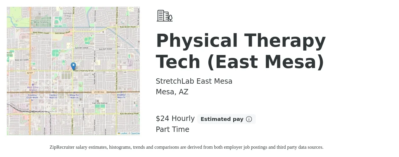 StretchLab East Mesa job posting for a Physical Therapy Tech (East Mesa) in Mesa, AZ with a salary of $25 Hourly with a map of Mesa location.