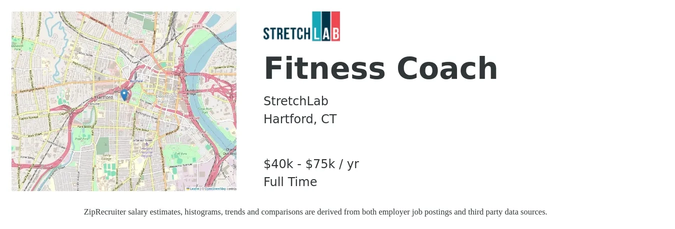 StretchLab job posting for a Fitness Coach in Hartford, CT with a salary of $40,000 to $75,000 Yearly with a map of Hartford location.