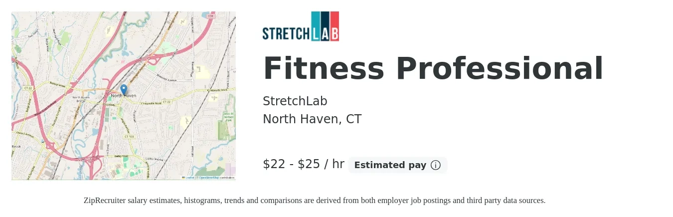 StretchLab job posting for a Fitness Professional in North Haven, CT with a salary of $23 to $26 Hourly with a map of North Haven location.