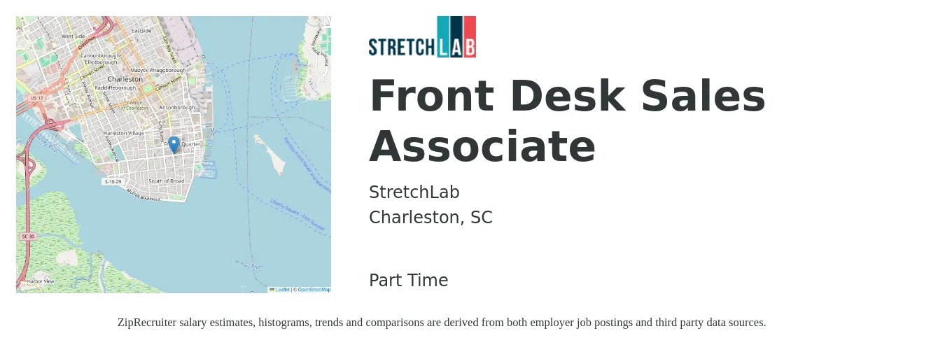 StretchLab job posting for a Front Desk Sales Associate in Charleston, SC with a salary of $12 to $16 Hourly with a map of Charleston location.