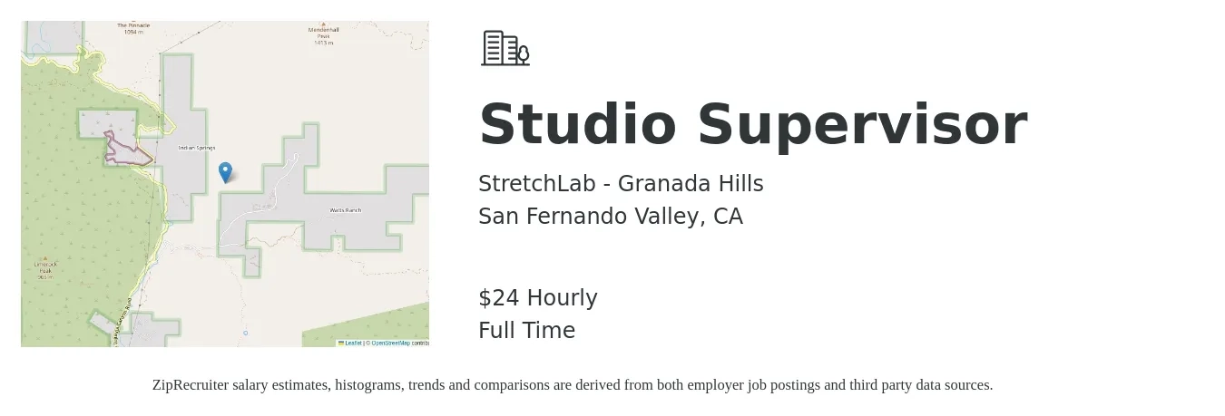 StretchLab - Granada Hills job posting for a Studio Supervisor in San Fernando Valley, CA with a salary of $25 Hourly with a map of San Fernando Valley location.