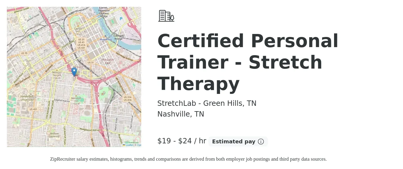 StretchLab - Green Hills, TN job posting for a Certified Personal Trainer - Stretch Therapy in Nashville, TN with a salary of $20 to $25 Hourly with a map of Nashville location.