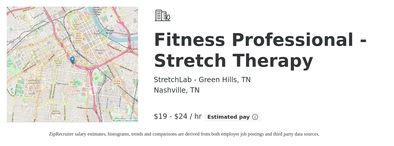 StretchLab - Green Hills, TN job posting for a Fitness Professional - Stretch Therapy in Nashville, TN with a salary of $20 to $25 Hourly with a map of Nashville location.