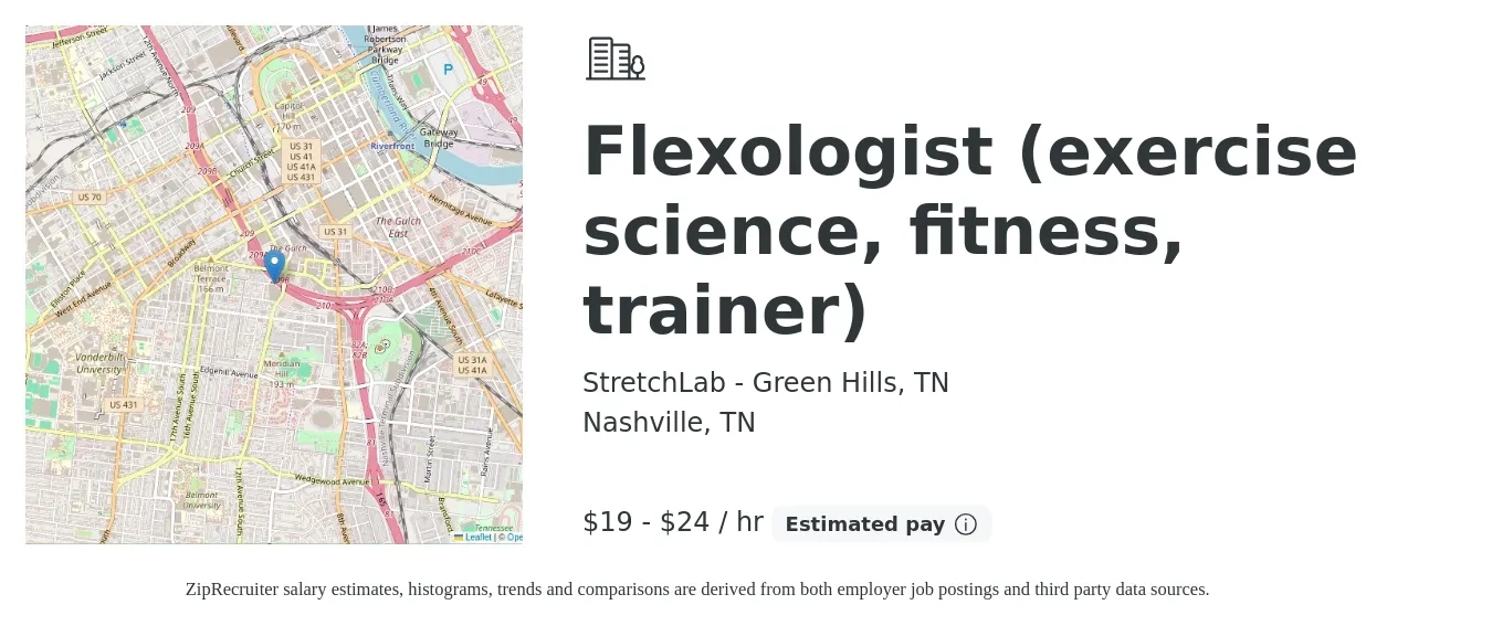 StretchLab - Green Hills, TN job posting for a Flexologist (exercise science, fitness, trainer) in Nashville, TN with a salary of $20 to $25 Hourly with a map of Nashville location.