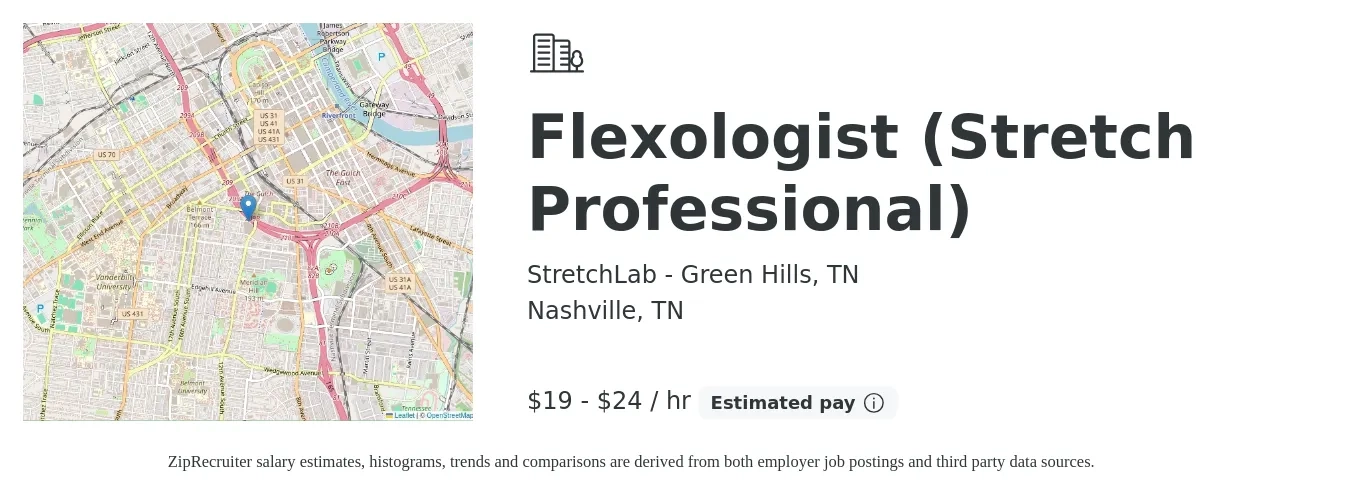 StretchLab - Green Hills, TN job posting for a Flexologist (Stretch Professional) in Nashville, TN with a salary of $20 to $25 Hourly with a map of Nashville location.