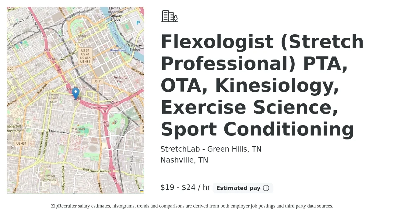 StretchLab - Green Hills, TN job posting for a Flexologist (Stretch Professional) PTA, OTA, Kinesiology, Exercise Science, Sport Conditioning in Nashville, TN with a salary of $20 to $25 Hourly with a map of Nashville location.