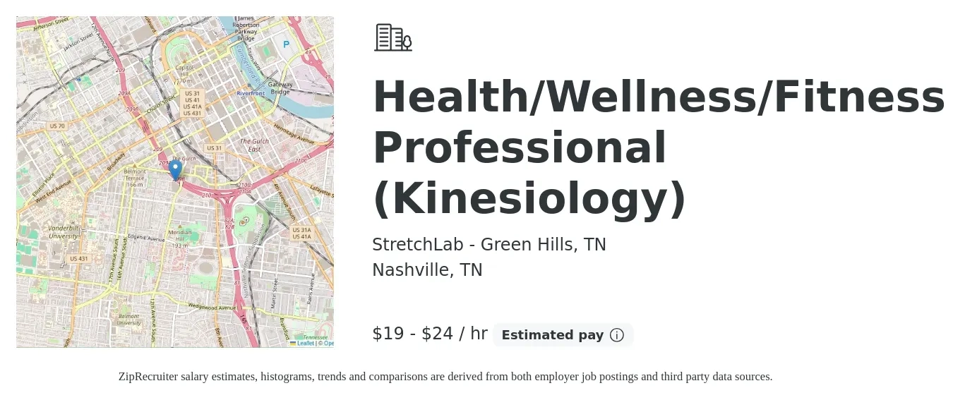 StretchLab - Green Hills, TN job posting for a Health/Wellness/Fitness Professional (Kinesiology) in Nashville, TN with a salary of $20 to $25 Hourly with a map of Nashville location.