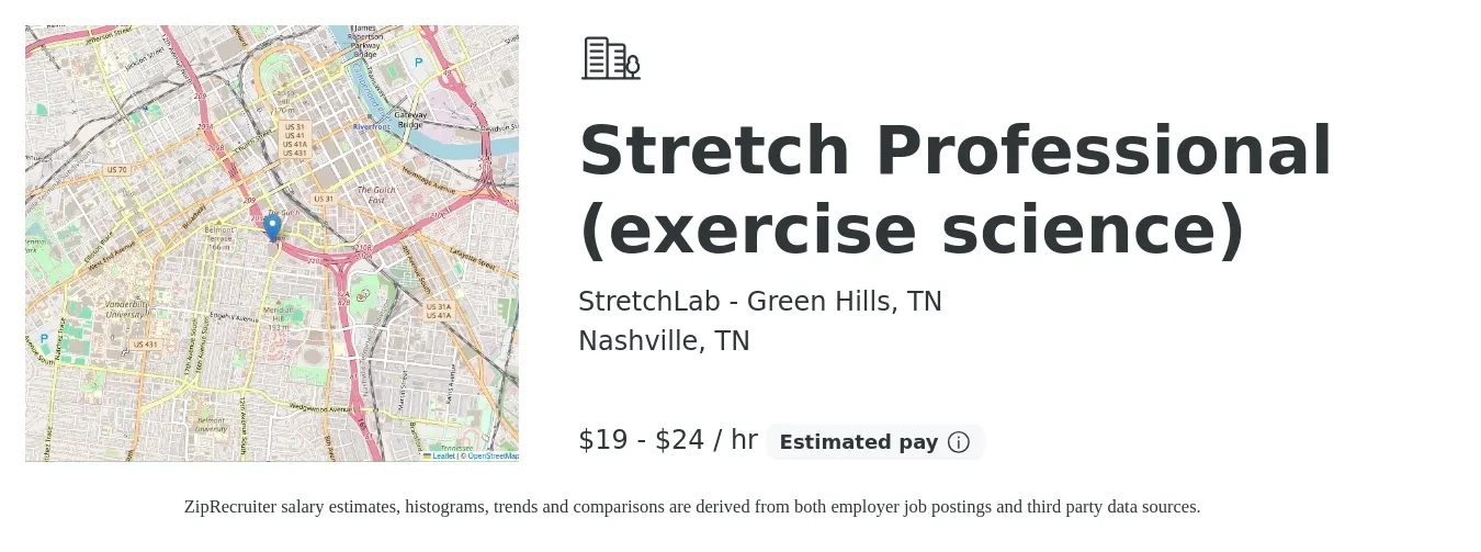StretchLab - Green Hills, TN job posting for a Stretch Professional (exercise science) in Nashville, TN with a salary of $20 to $25 Hourly with a map of Nashville location.